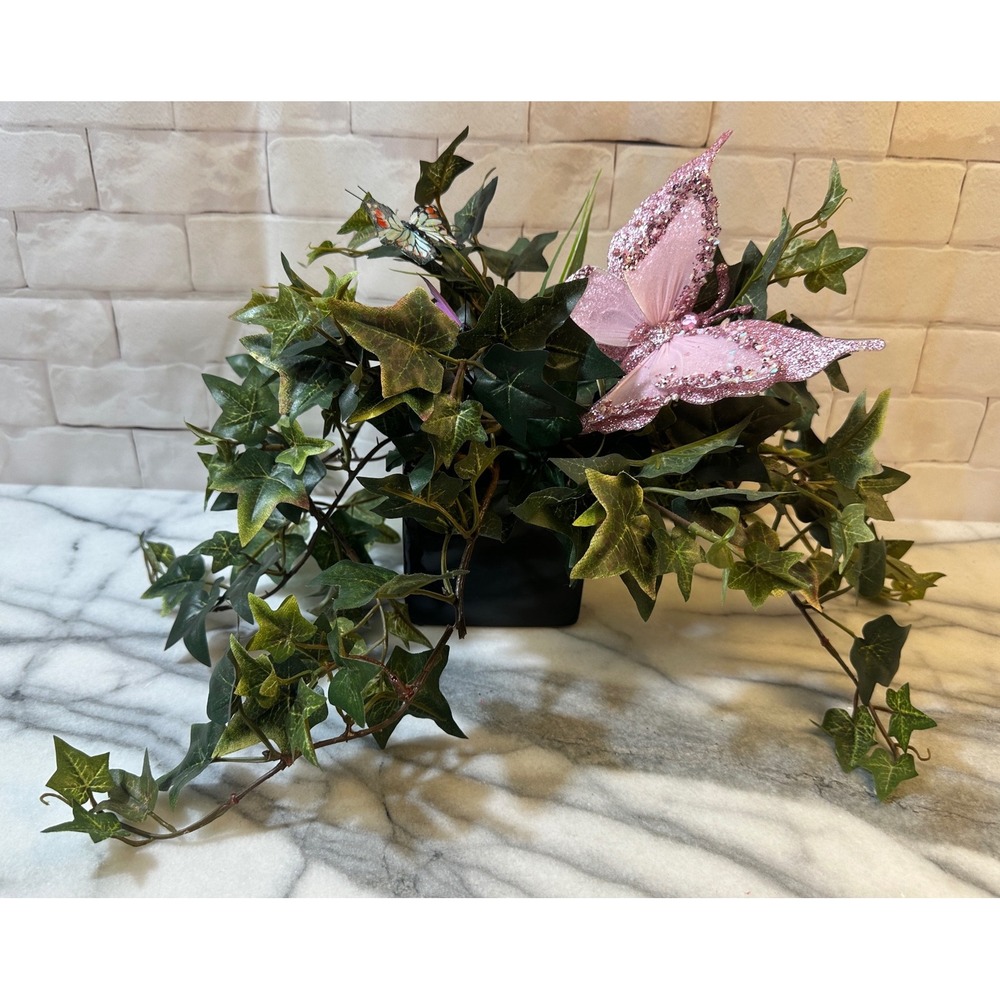 Faux Ivy Artificial Plant in Black Square Pot Pink Glitter Butterfly Decor 12in